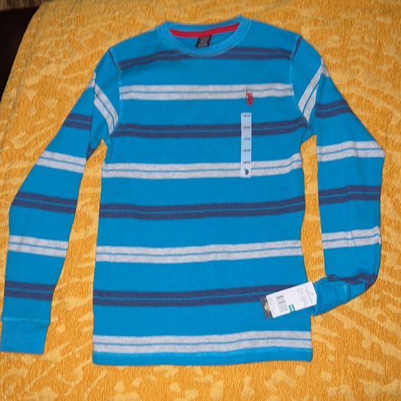U.S. Polo Assn-Shocking Peacock Striped Thermal Long-Sleeve Top- Boys 14-16 NWT - Picture 2 of 5